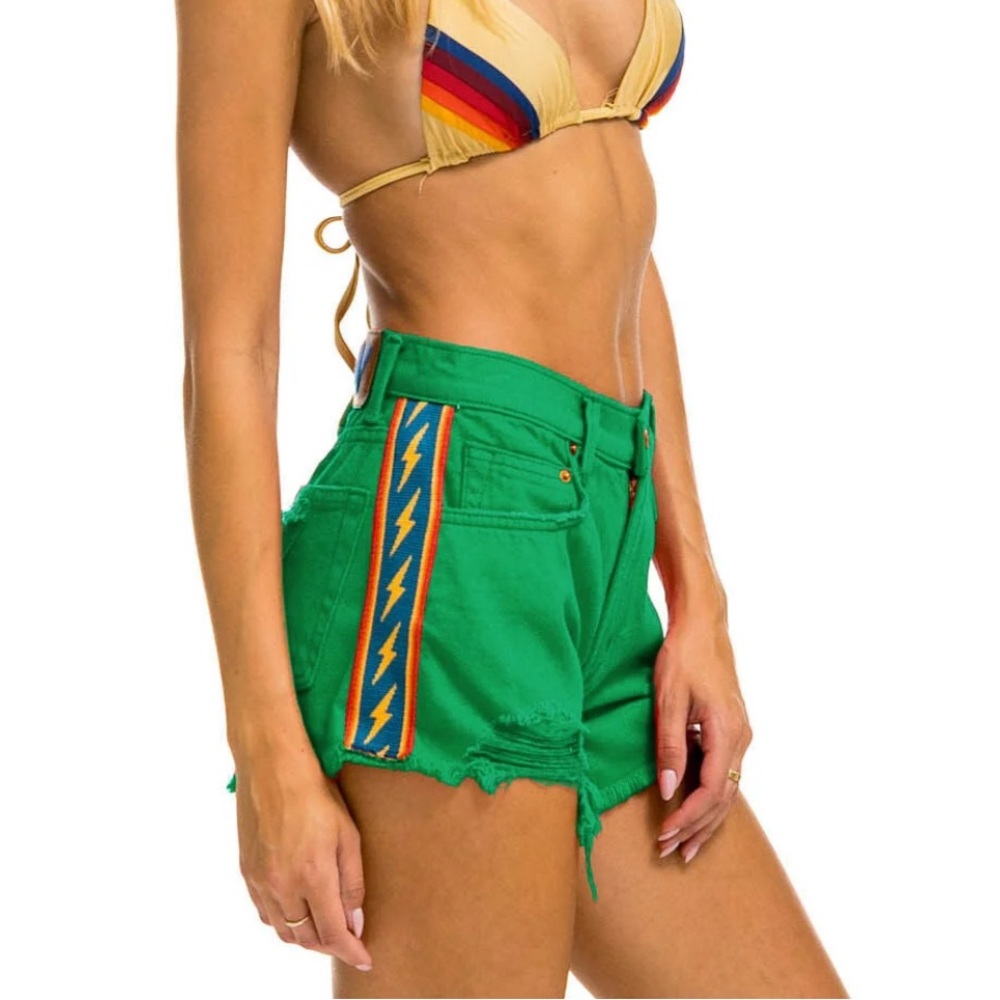 NWT Aviator Nation Bolt Stripe Cutoff Jean Shorts - Kelly Green - 28
